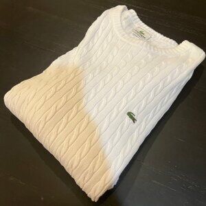 ✨ Lacoste White Cable Knit Sweater Size 9 – 100% Cotton – Classic Croc Logo ✨